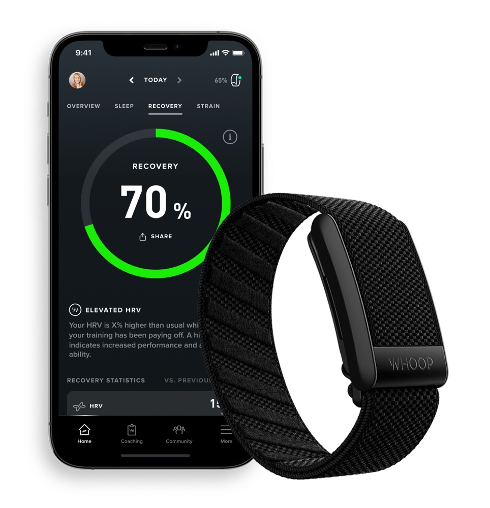 WHOOP-app met Recovery-score van 70% en de WHOOP-band